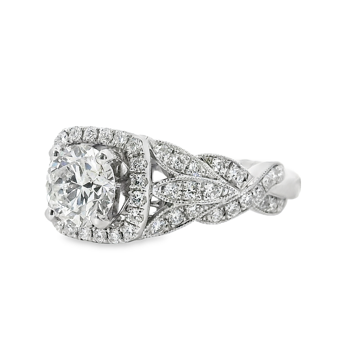 18kt White Gold Natural Round Brilliant Diamond Halo Engagement Ring (1.58ct)