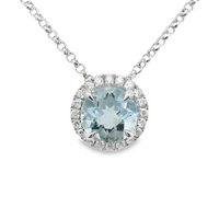 18kt White Gold Natural Round Aqua and Natural Round Diamond Halo Pendant (.67ct)