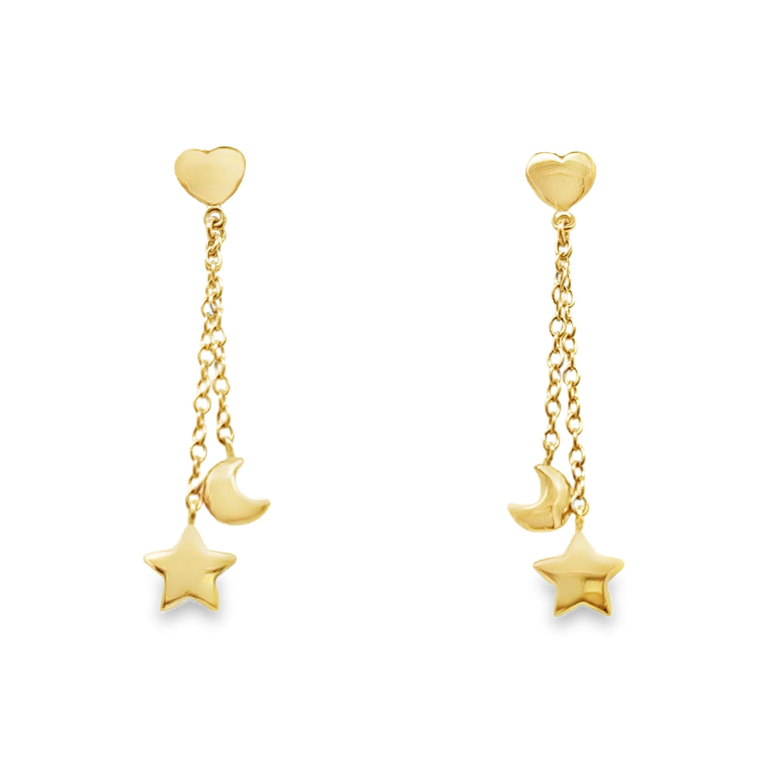 18kt Yellow Gold Italian Made Heart Moon and Stars Drop Earrings (2.70g)