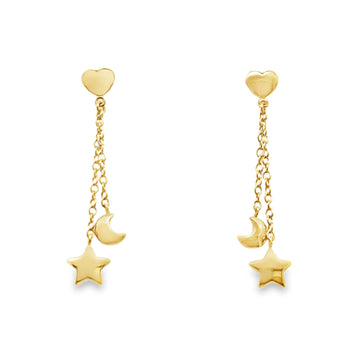 18kt Yellow Gold Italian Made Heart Moon and Stars Drop Earrings (2.70g)