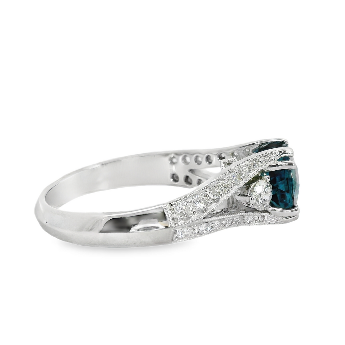 18kt White Gold Natural London Blue Topaz and Diamond Split-Shank Engagement Ring (2.09ct)