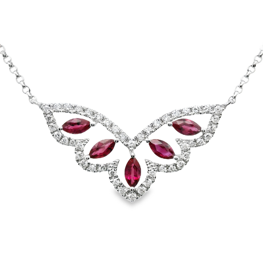 18kt White Gold Natural Marquis Rubies And Natural Diamonds Pendant (0.65ct)