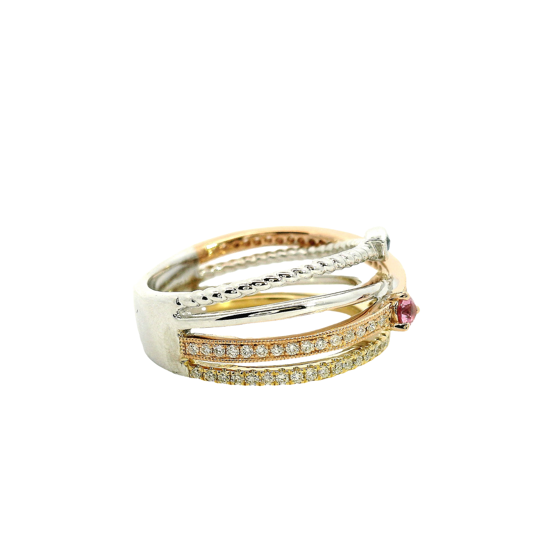 18kt Tri-Color Natural Blue Sapphire, Orange Sapphire, Pink Sapphire, and Diamond Fashion Ring (.52ct)