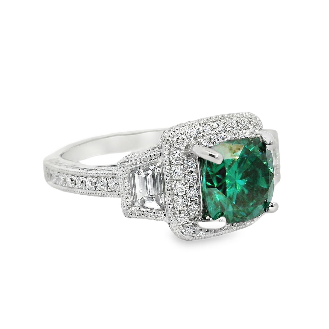 18kt White Gold Natural Cushion Moissanite and Natural Diamond Halo Ring (2.88ct)
