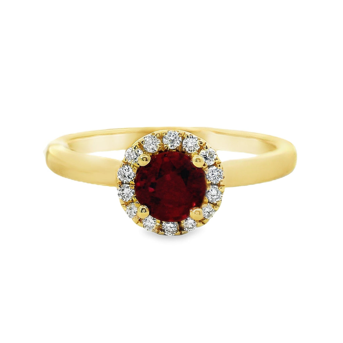 18kt Yellow Gold Round Natural Ruby and Round Natural Diamonds Ring (0.68ct)