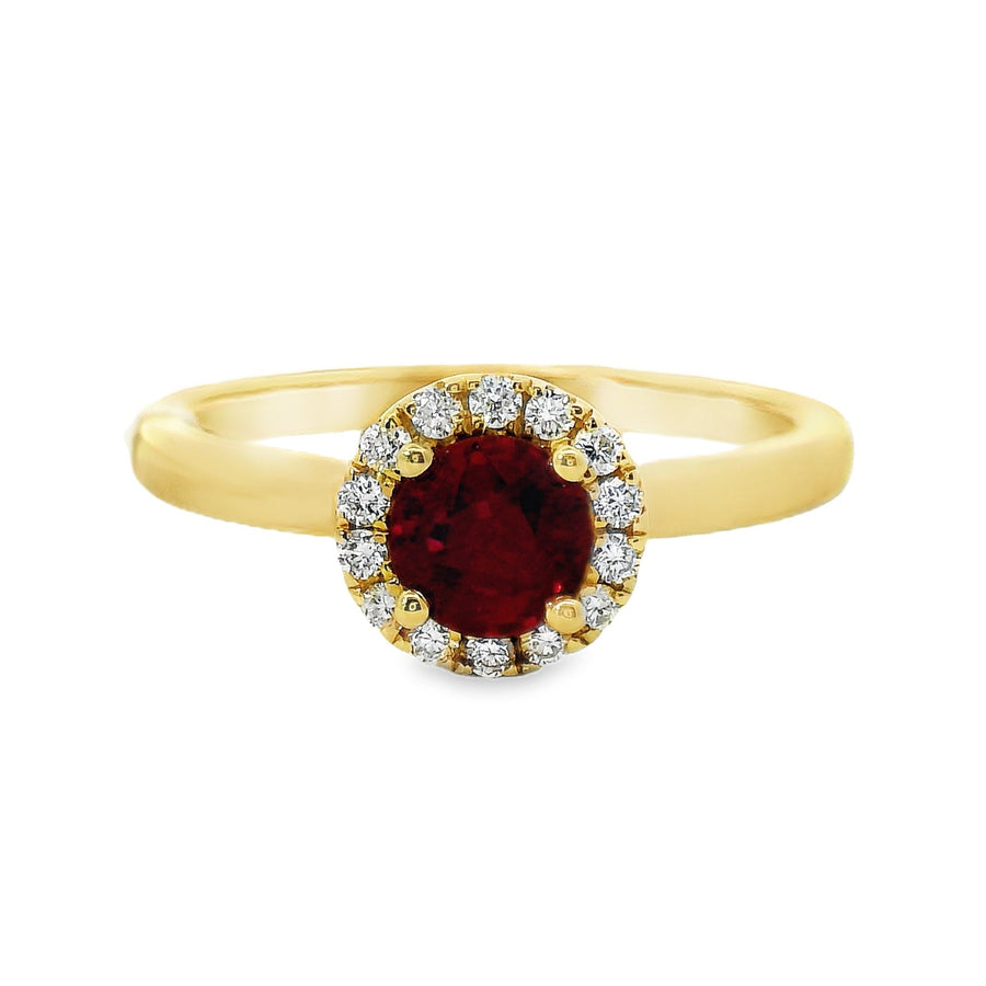 18kt Yellow Gold Round Natural Ruby and Round Natural Diamonds Ring (0.68ct)