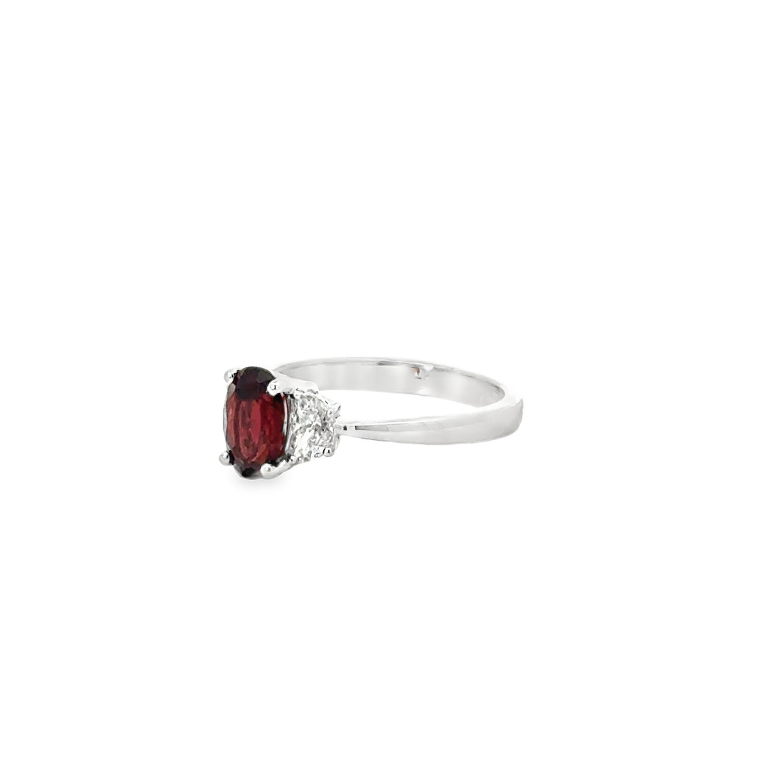 18kt White Gold Oval Natural Garnet and Half Moon Natural Diamonds Ring (1.76ct)