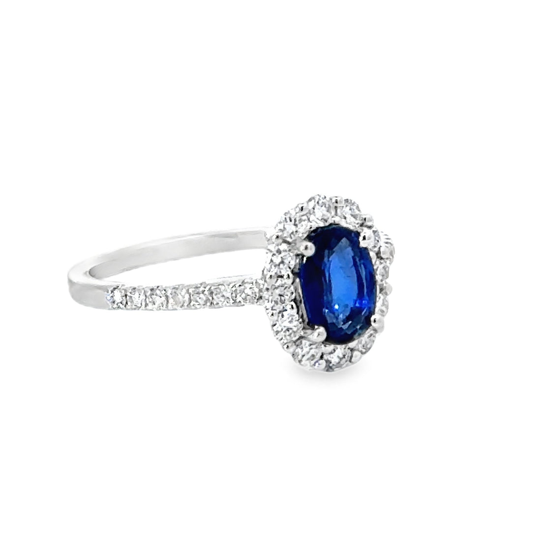 18kt White Gold Oval Natural Sapphire and Round Natural Diamond Halo Ring (1.47ct)