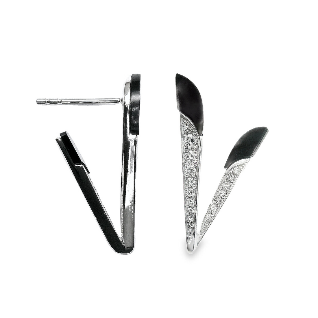 18K White Gold Natural Black Agate (.60ct) and Natural Round Diamond Earrings (.23ct)