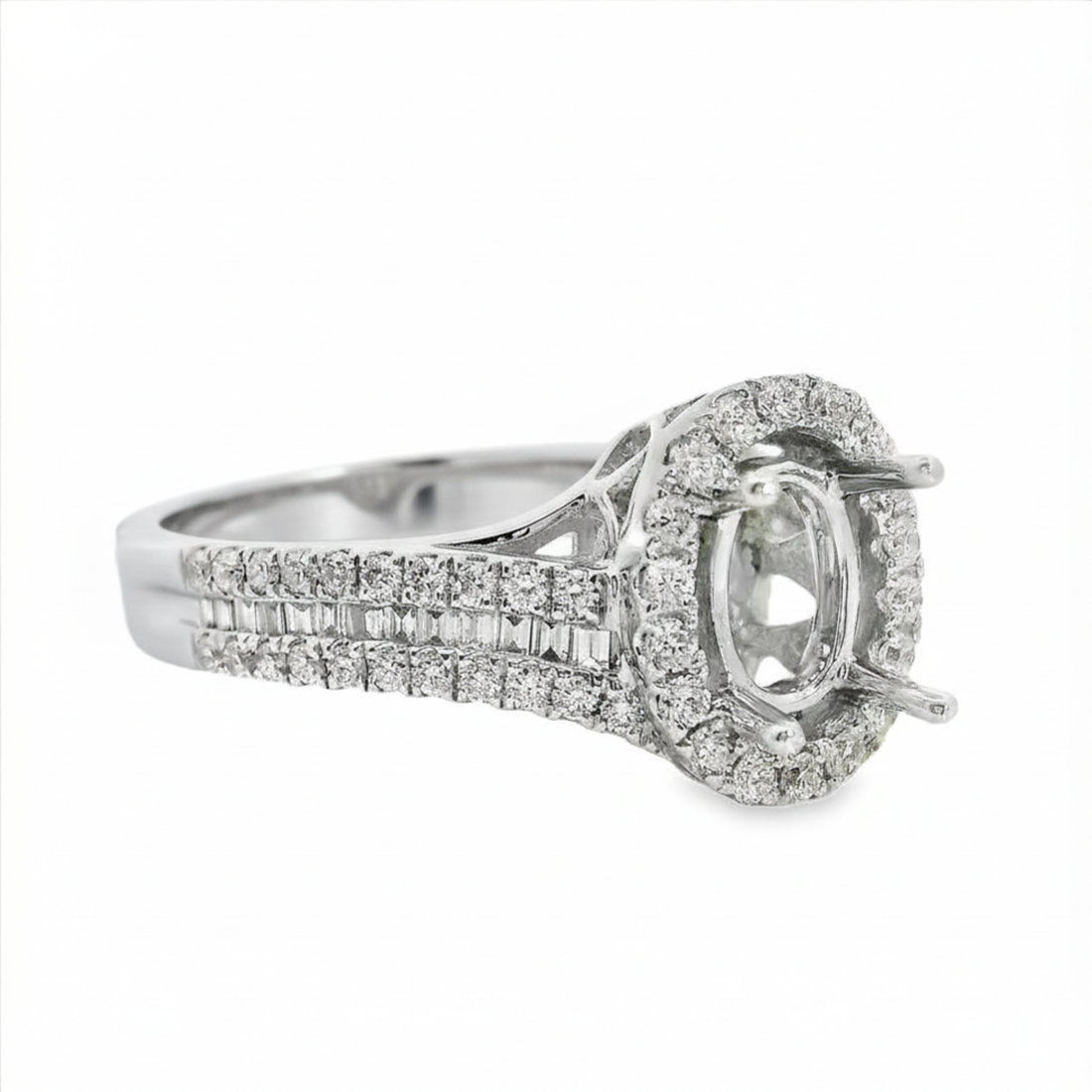18kt White Gold Full-Cut and Baguette Diamond Oval Semi-Mount Ring (.53ct)