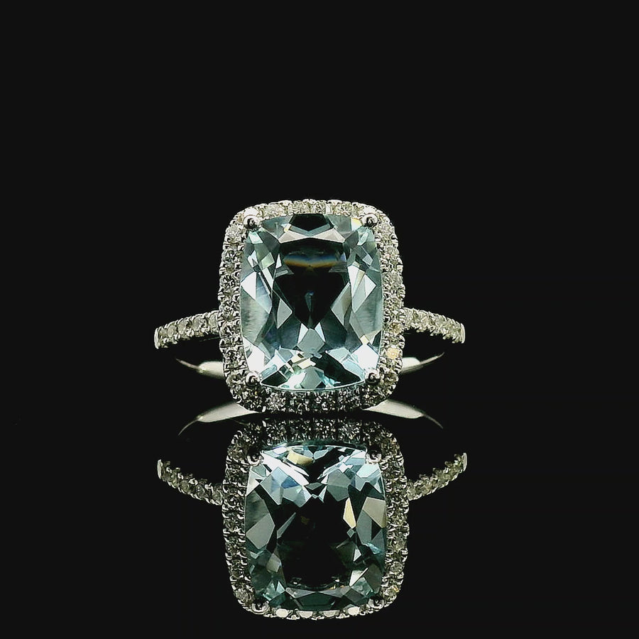 18kt White Gold Natural Cushion Aquamarine and Natural Diamond Halo Ring (3.14ct)