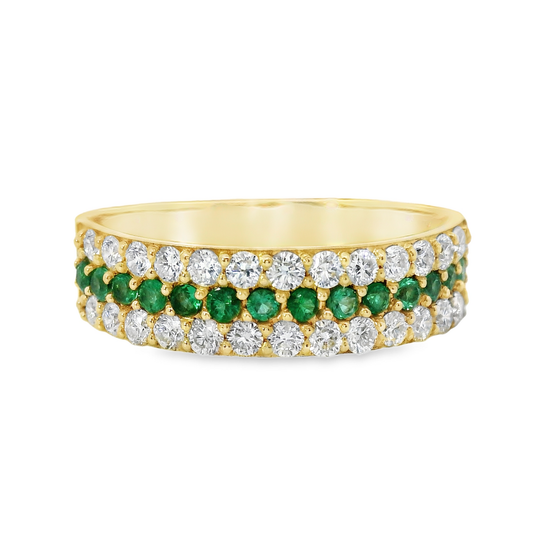 18kt Yellow Gold Natural Round Diamonds and Emeralds Contemporary Ring (.66ct)