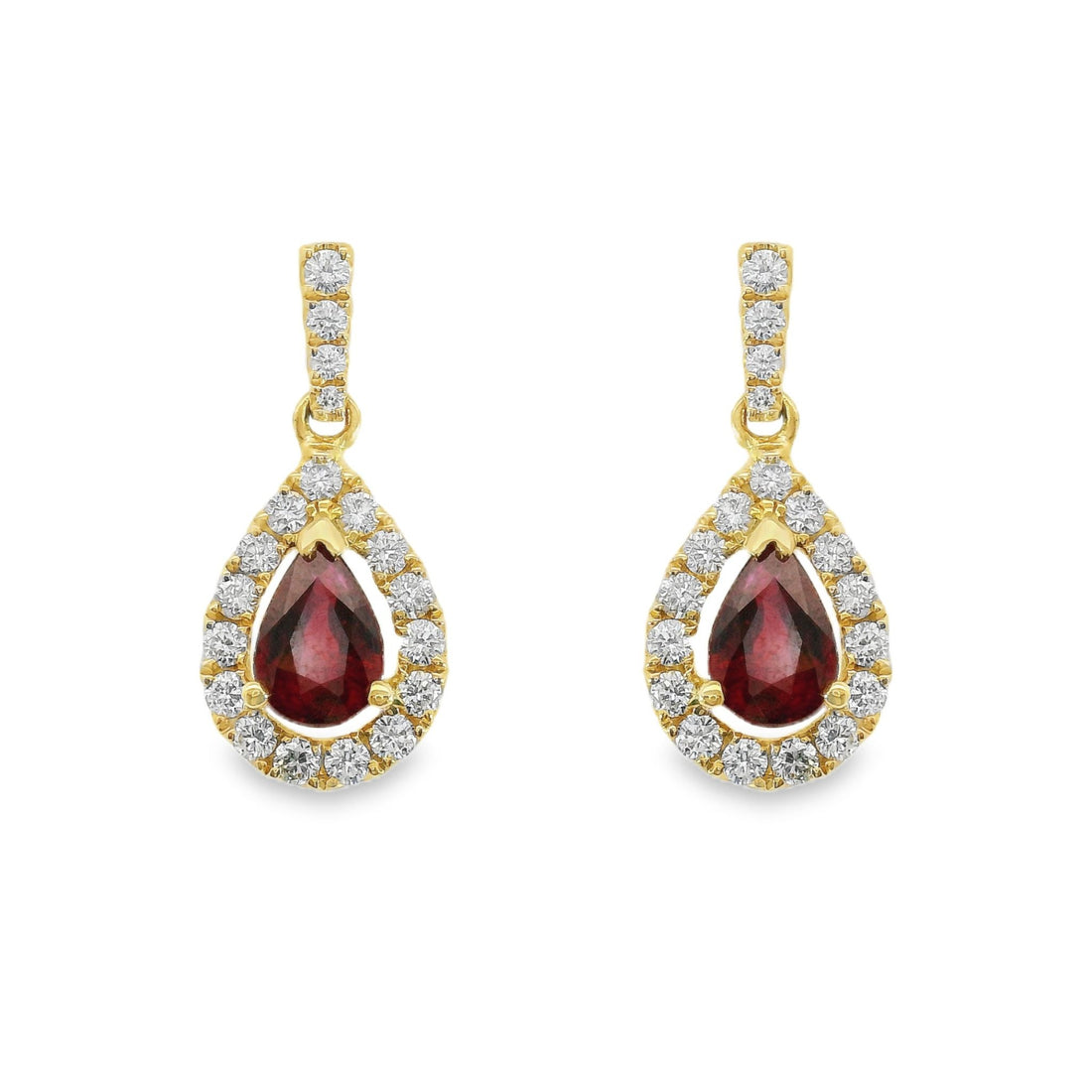 18kt Yellow Gold Pear Rubies and Diamonds Drop Earrings (1.48ct)