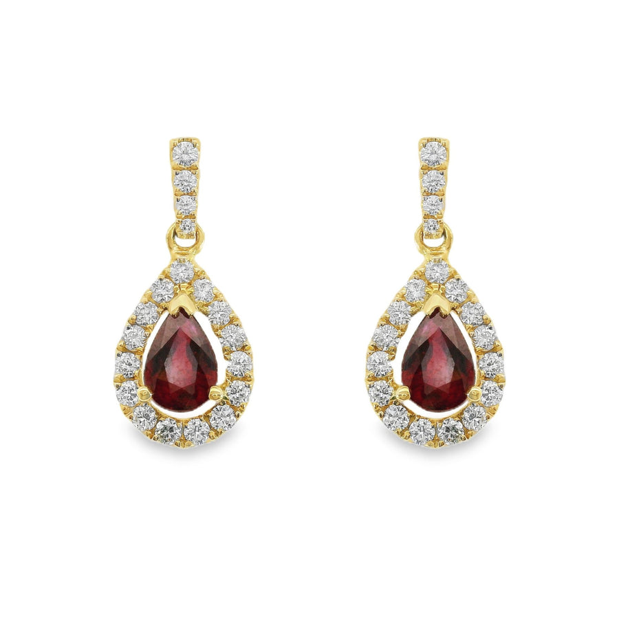 18kt Yellow Gold Pear Rubies and Diamonds Drop Earrings (1.48ct)